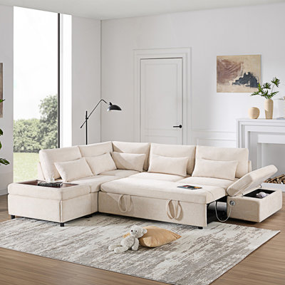 Modular Sectional Pull-Out Sofa, L Shape Sofa With Free Movement Storage Ottoman