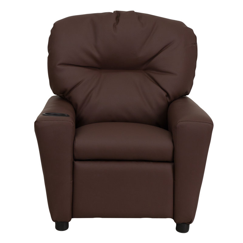 Contemporary Kids Recliner with Cup Holder, Leather - Brown