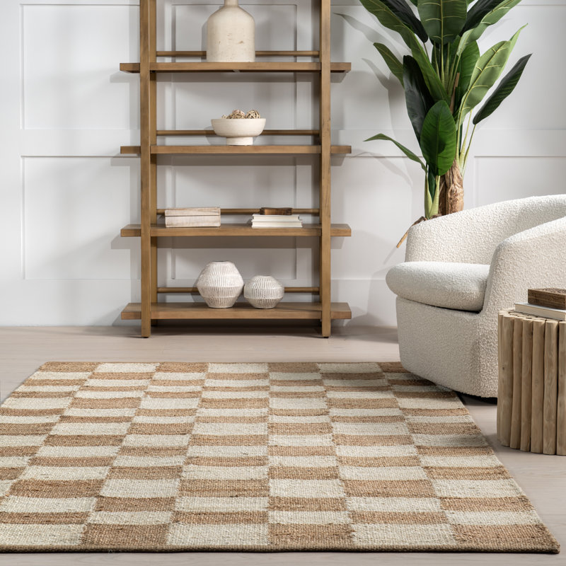Ivory and Beige Checkered Cotton Jute Rectangular Rug