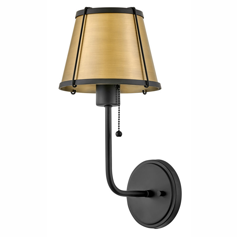 Clarke One Light Medium Wall Sconce with On/Off Pull Chain, Black with Lacquered Dark Brass Accents