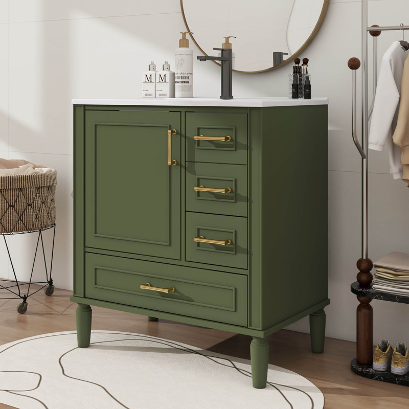 Meuble-lavabo de 30 po avec lavabo en céramique, porte à fermeture en douceur avec tablette intégrée, tiroir profond, tiroir standard, tiroir long