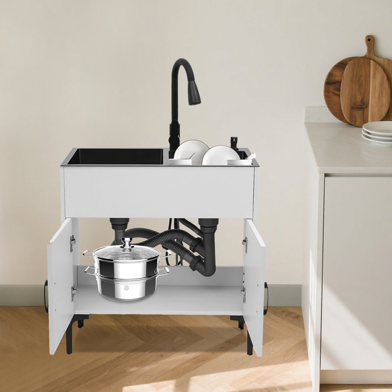 Laundry Sink With Pull-Out Faucet And Cabinet, Silver