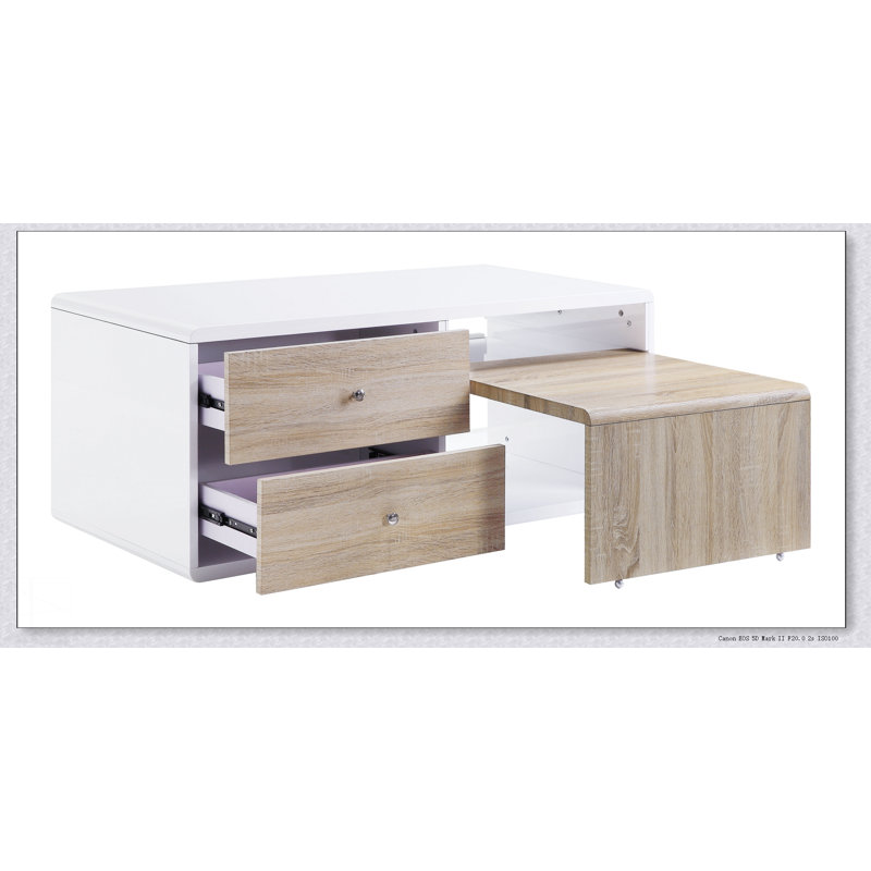 Table basse blanche à 4 tiroirs avec table coulissante et rangement spacieux, parfaite pour les salons modernes
