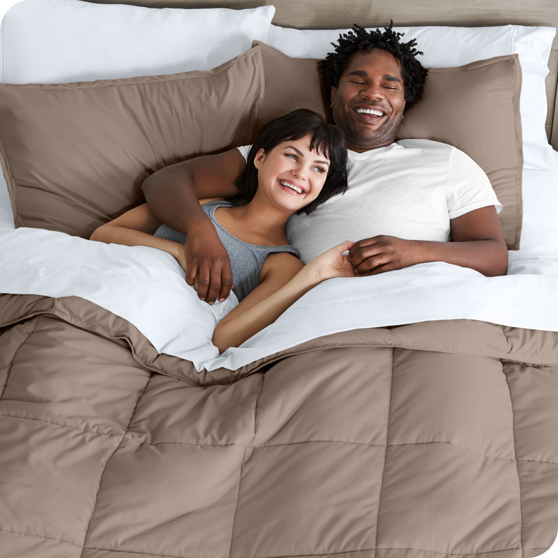 Lit dans un sac en microfibre 1800 de qualité supérieure 1800, Taupe / Blanc, Édredon très grand divisé et 7 pièces supplém