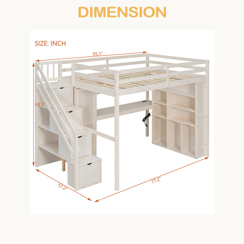 Full Loft Bed Frame With Built-In Wardrobe, Study Desk, Storage Shelves & Lights, Space-Saving Design For Bedroom, Beige
