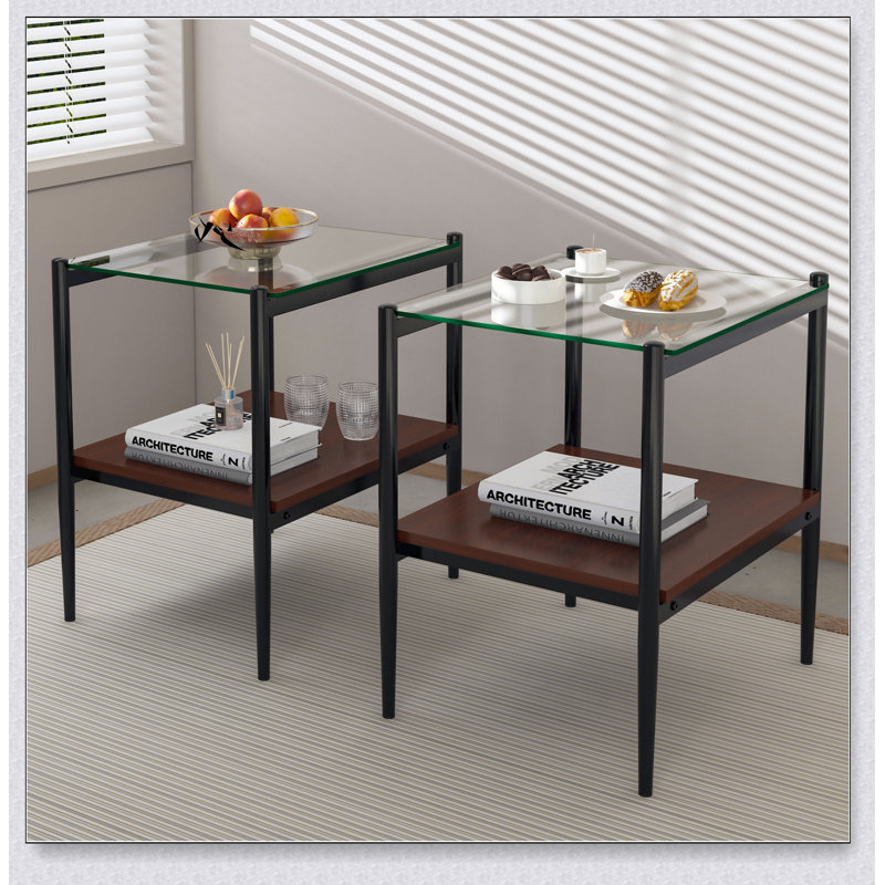 Ensemble de 2 tables de bout rectangulaires, plateau de table en verre trempé avec panneau de fibres à densité moyenne
