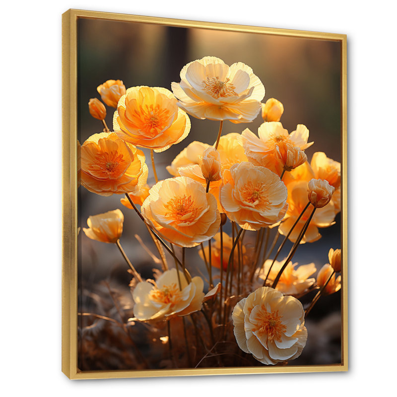«Peach Flowers Sunny Buttercups II», impressions sur toile florales et botaniques, Cadre flottant doré