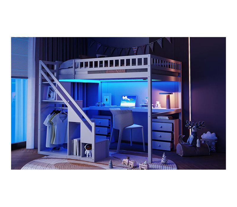 Lit mezzanine double avec bureau intégré, deux commodes et bande lumineuse à DEL - Lit superposé en bois massif blanc avec escalier latéral