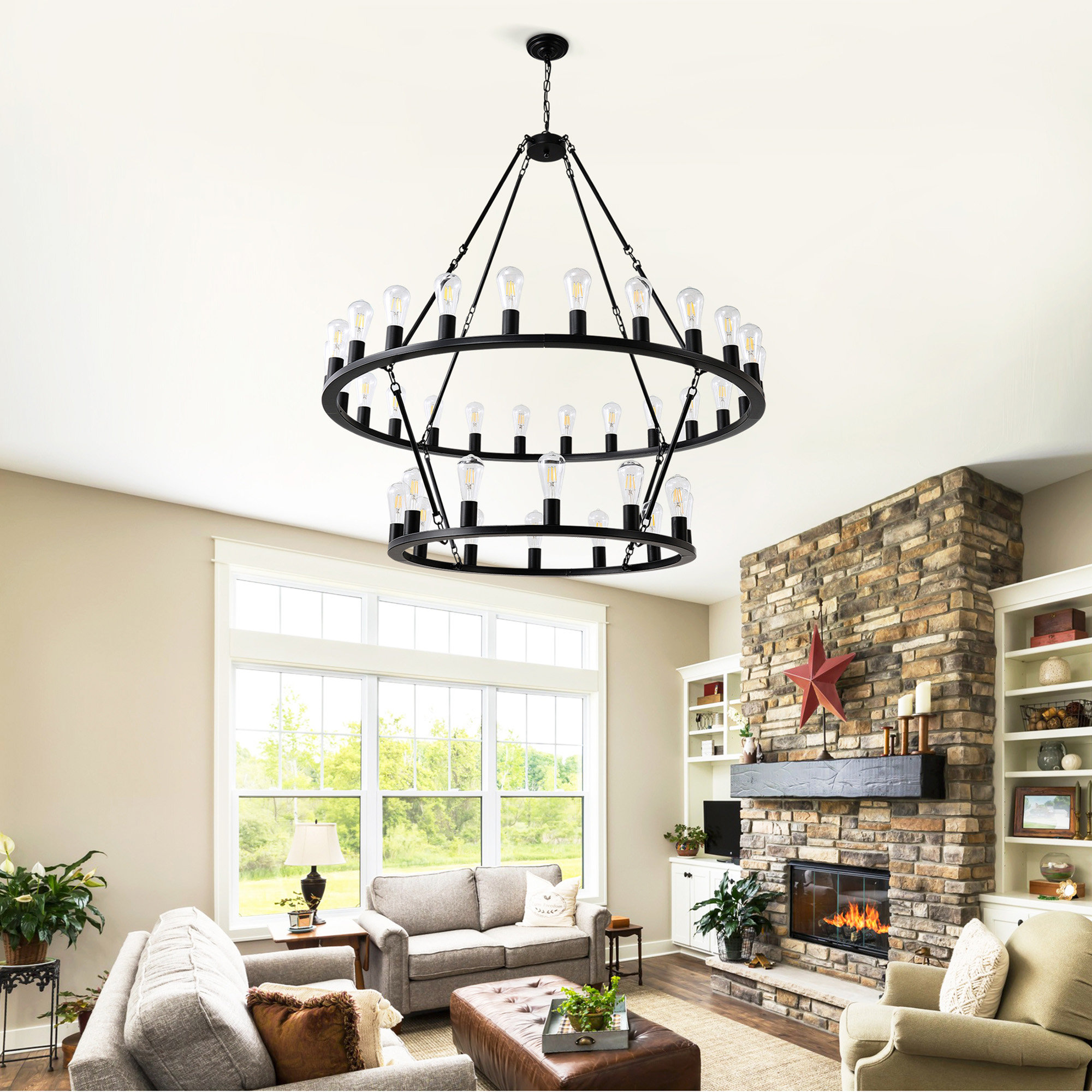 Ophelia & Co. 48 Inch Black Extra Large Wagon Wheel Chandelier, 2 Tier 36-Lights No Include Farmhouse Industrial Round High Ceiling Pendant Light Adjustable Chain For Dining Room Living Roomkitchen W115061442