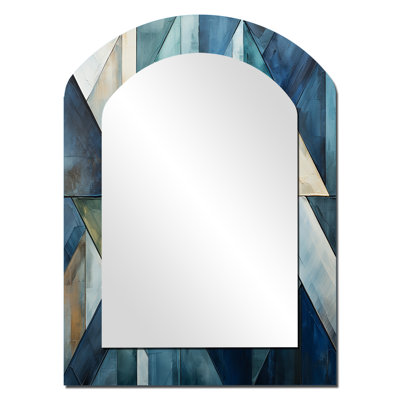 Nautical White And Blue Geometry Shapes I - Geometric Asymmetrical Large Mirror, Modern Arch Decorative Wall Mirror, Printed Metal Art