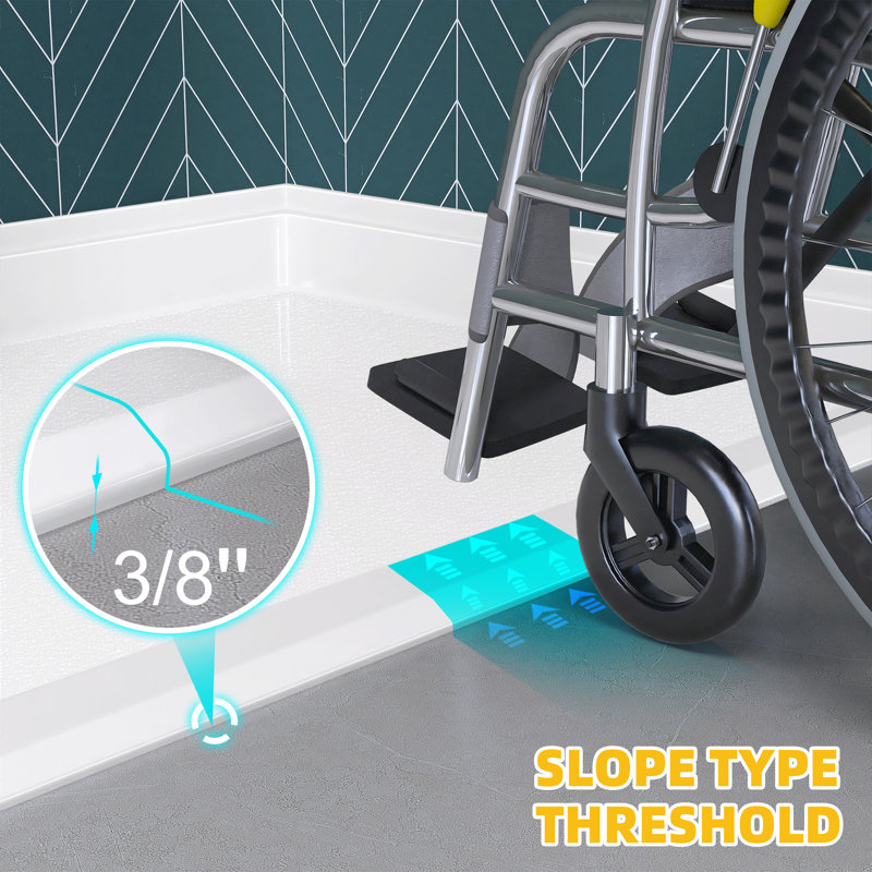 54" x 36" ADA Roll-In Shower Base, Curbless Wheelchair Accessible Acrylic Shower Pan, Center Drain, Low Threshold Barrier-Free Slip-Resistant Shower Base