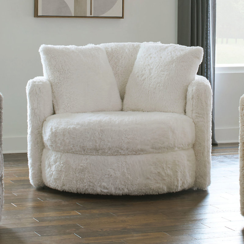Fauteuil d'appoint contemporain blanc, recouvert de chenille, accoudoirs droits, coussin de dossier amovible, profondeur et largeur de 124 cm, hauteur de 97 cm, poids de 41 kg, pivotant, coussin de dossier incurvé (1 pièce), profondeur, poids, mouvement.
