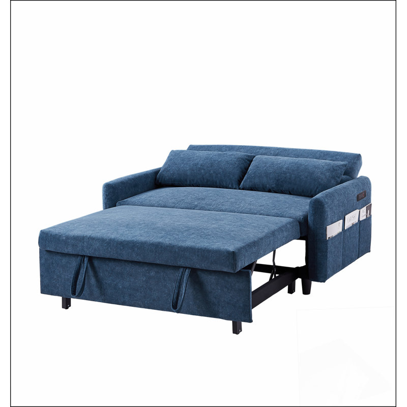 Canapé-lit avec dossier ajustable, poches de rangement, 2 coussins moelleux, ports USB, Bleu