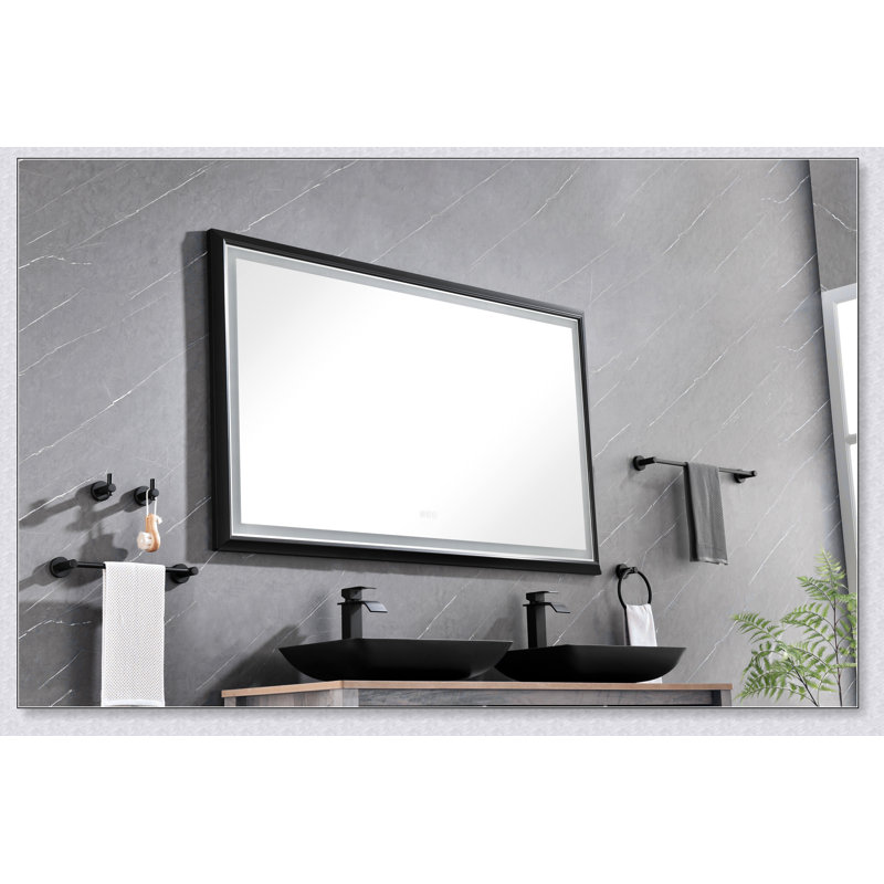 Miroir de salle de bain 60 po x 48 po à DEL avec cadre en aluminium, miroir de meuble-lavabo mural, anti-buée, mémoire, 3 couleurs, réglable en continu