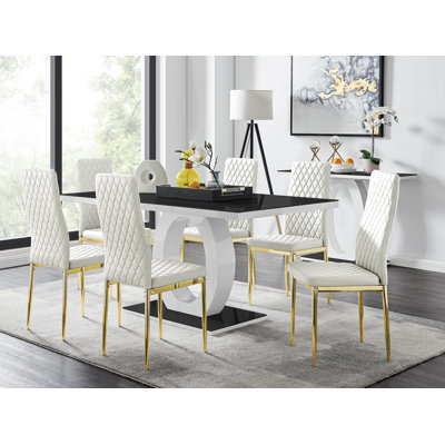 Ensemble de table de salle à manger 7 pièces en verre et bois avec chaises rembourrées et table rectangulaire