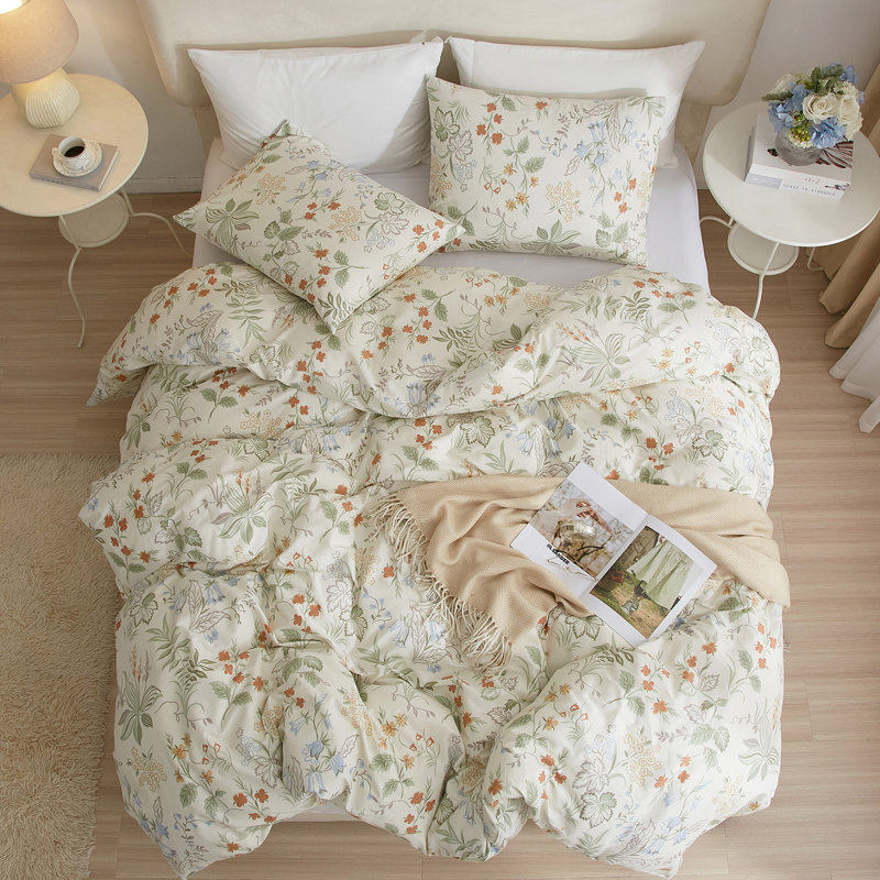 Cotton Floral Duvet Cover Set, King Duvet Cover + 2 Standard Shams, Beige Floral