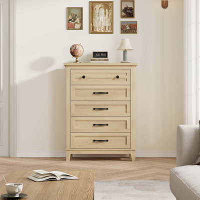 Commode 5 tiroirs pour chambre à coucher, commode verticale de 41,3 po de hauteur avec grand rangement, commode autoportante en bois pour chambre à coucher, salon