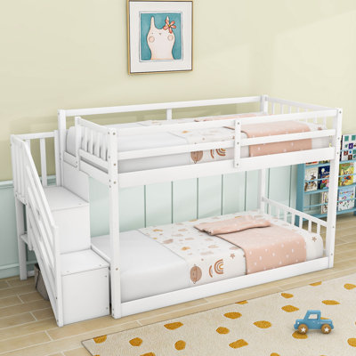Low-Profile Twin Over Twin Bunk Bed With Built-In Staircase And Shelves