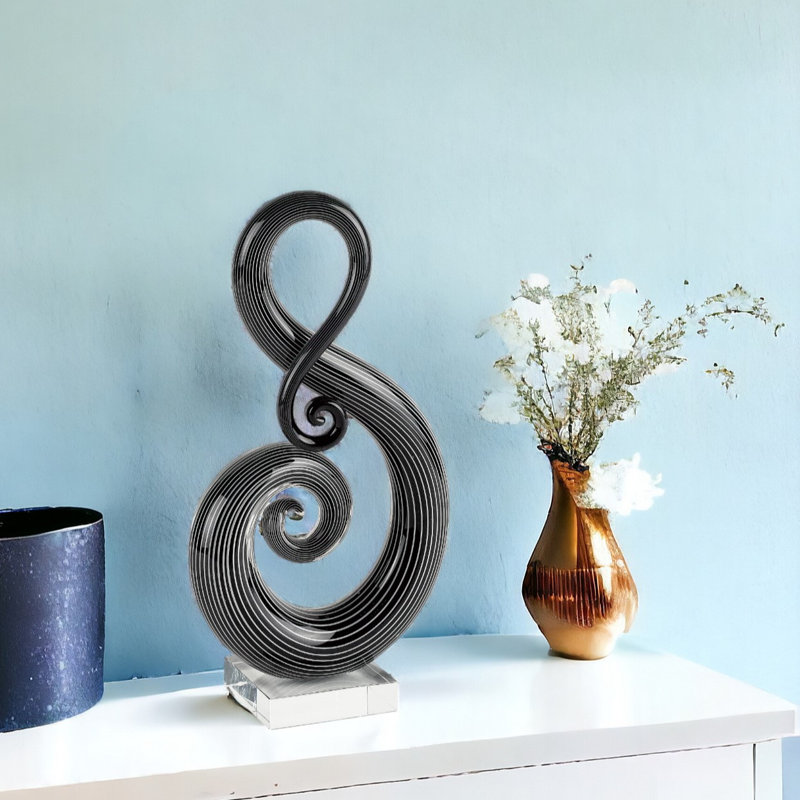 Aanijah 12" Murano Glass Modern Abstract Tabletop Sculpture, 12" H x 3" W x 6.5" D, Black