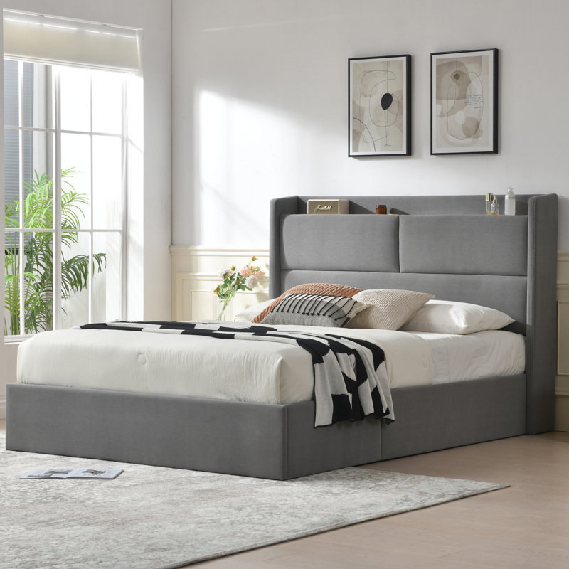 Lit plateforme tapissier avec levage hydraulique, Grey, Double