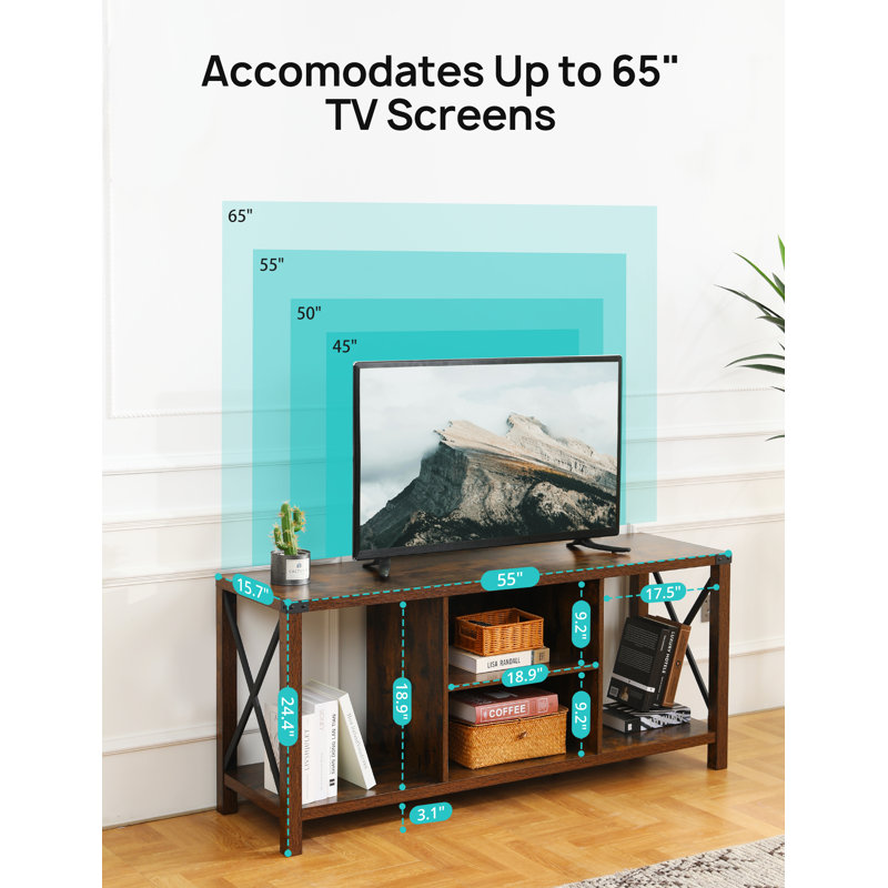 Meuble télé industriel en bois avec tablettes de rangement, centre de divertissement rustique de 55 pouces avec compartiments ouverts, console média pour le salon