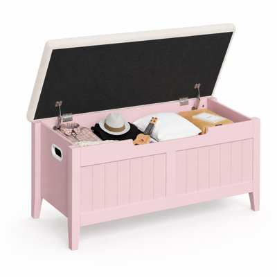 Wooden Storage Bench with Upholstered Cushion, 100cm Lift-Top Storage Chest with 2 Safety Hinges, Entryway Shoe Bench & Toy Box for Bedroom Living Room Kids Room, Pink