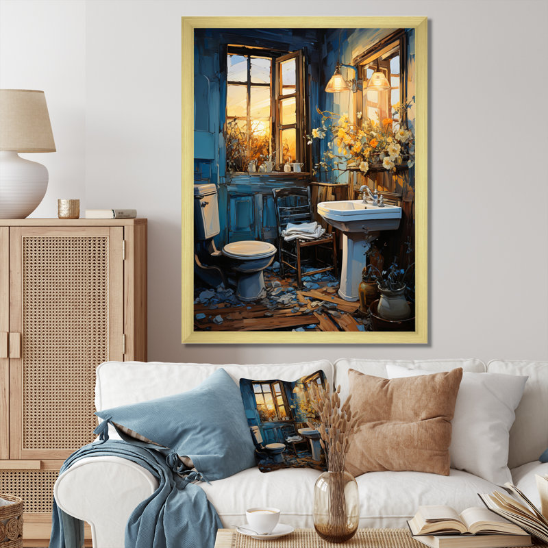 «Bathroom Bathroom Turquoise IV», reproduction d'art sur toile, Encadrement doré, H 32 po x l 16 po x P 1 po