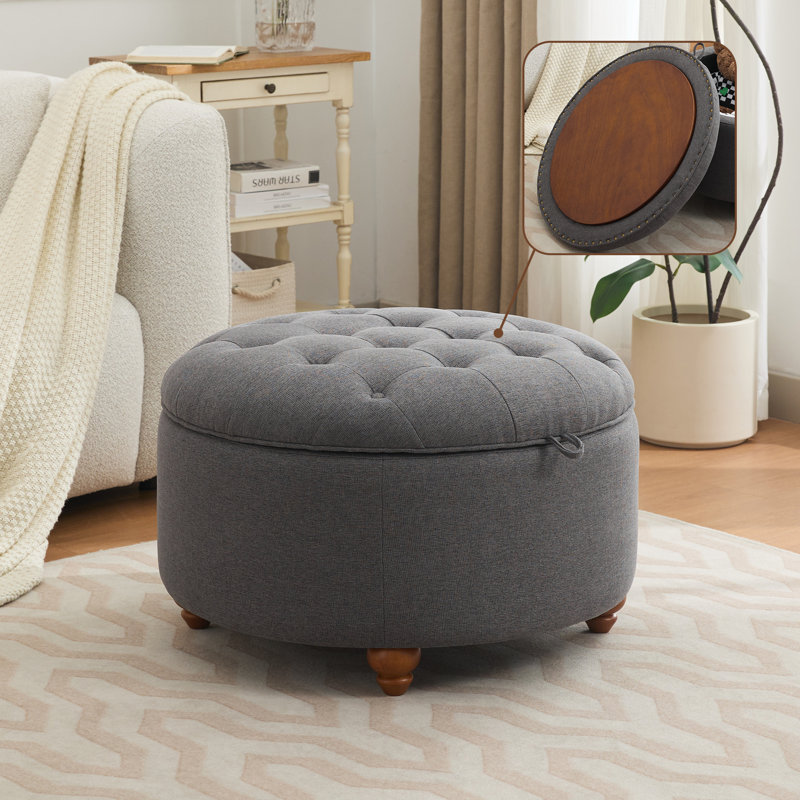 Repose-pieds capitonné rond avec rangement de 30 po de largeur, Lin gris foncé