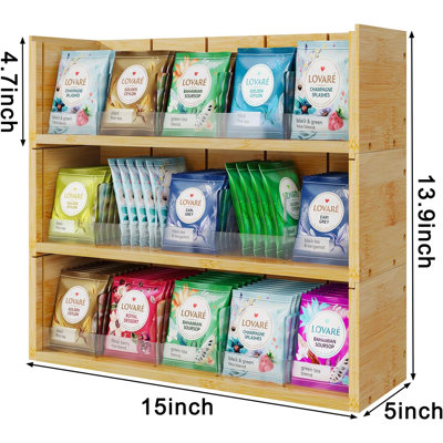 Bamboo Tea Bag Organizer Storage Box, 3 Tier Stackable Tea Bag Box Natural Wood, Wall Mount Tea Chests With Acrylic For Tea Bags Office Kitchen Cabinet Pantry