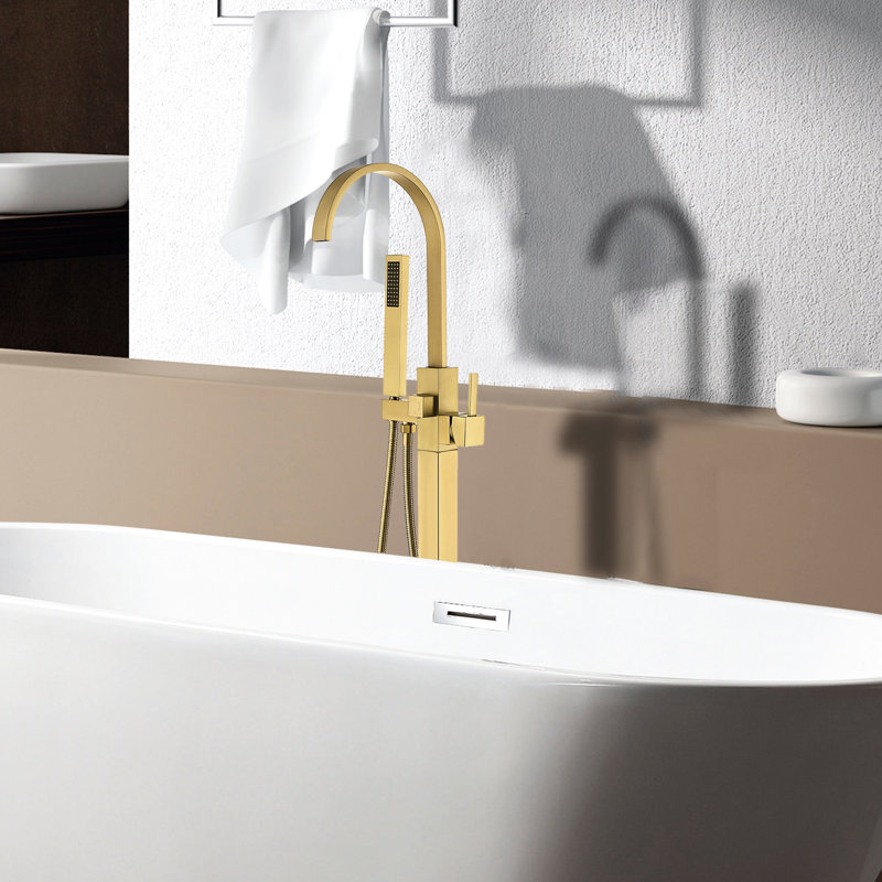 Robinet de baignoire autoportant en or brossé avec douche à main portative - Fabrication de la tête de pulvérisation détachable en métal de qualité