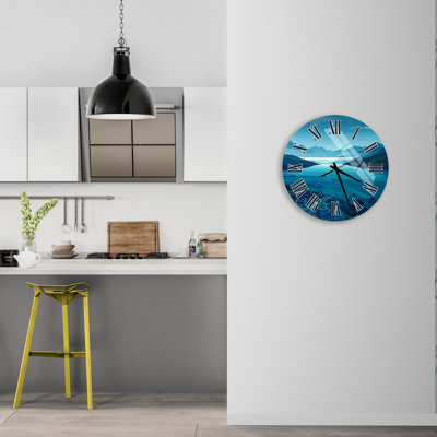 Bleu paysage horloge murale en verre trempé, horloge surdimensionnée, scène de lac horloge, décoration murale moderne, horloge décorative, horloge silencieuse décorative