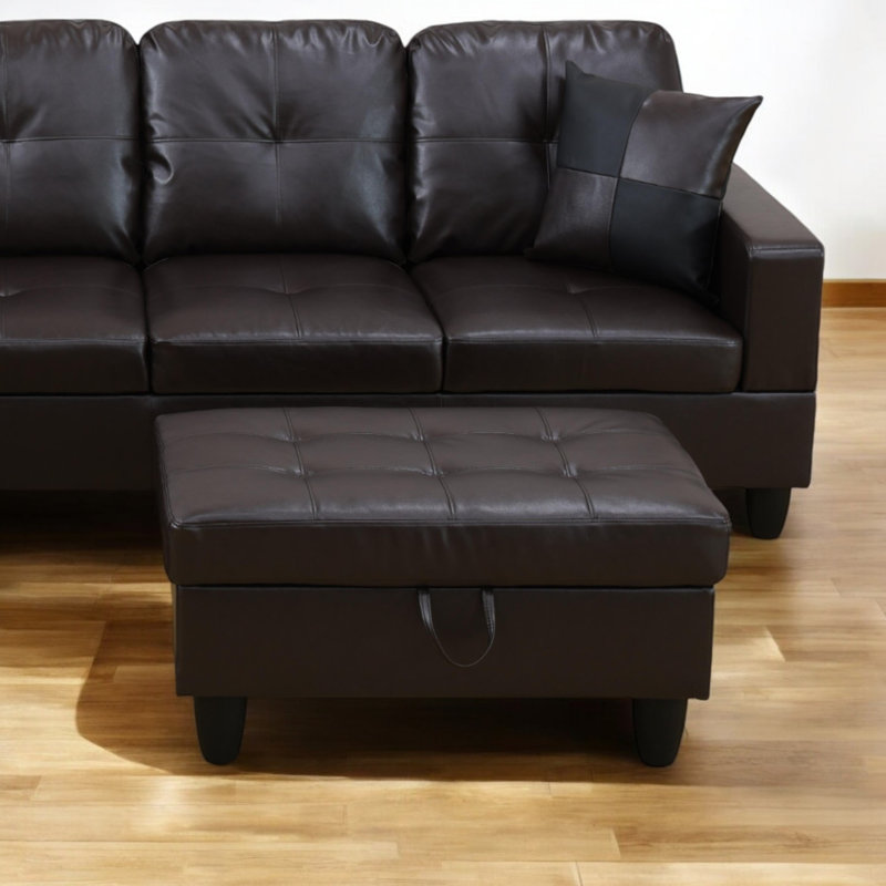 Banc de rangement rectangulaire Ã  charniÃ¨res Orella en simili cuir, 34 po de largeur, avec pouf, Brun