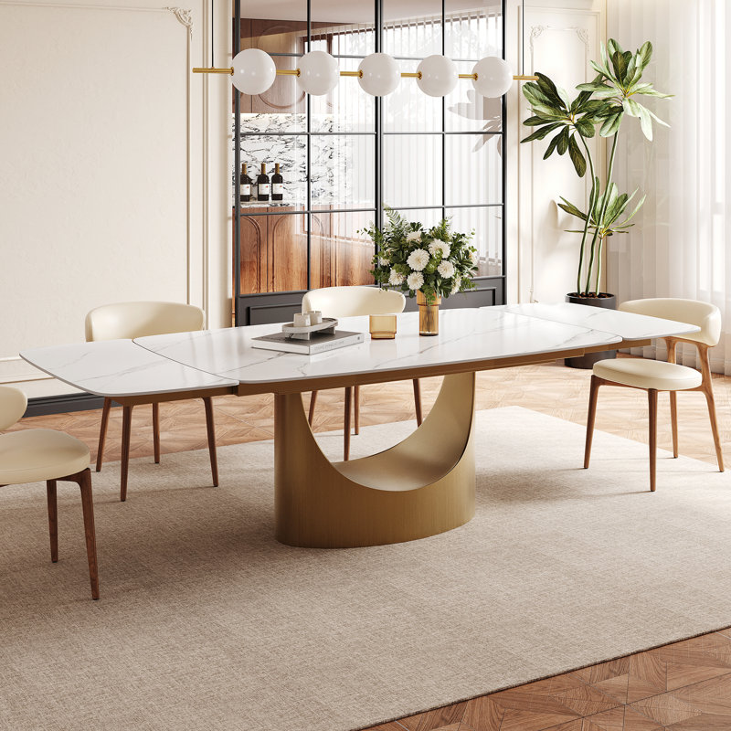 Buchu 63-95"Extendable Modern Dining Table for 6-10, Glossy Sintered Stone Tabletop, Snow Mountain White