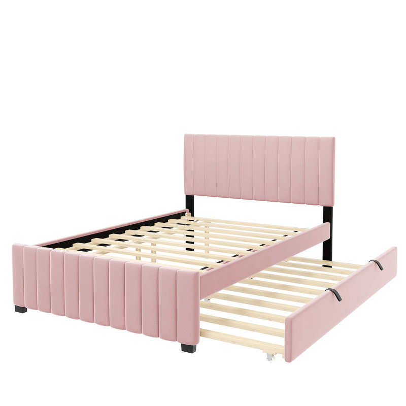 Velvet Upholstered Platform Bed with Trundle, Pink, Full/Double