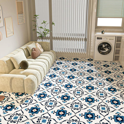 30-Pack Peel and Stick Floor Tiles, 12 x 12in Vinyl Flooring Tiles, Self-Adhesive Waterproof Flooring Planks for Kitchen, Dining Room, Bedrooms, 30 Sq. Ft - Blue Flower Texture