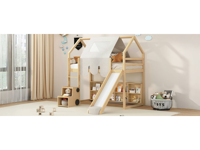 Cadre de lit mezzanine en bois avec tente, Naturel, Lit simple