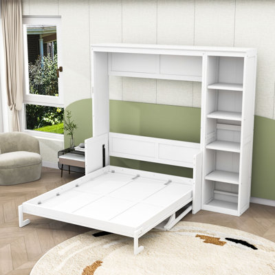 Lit escamotable double avec bureau et bibliothèque, blanc