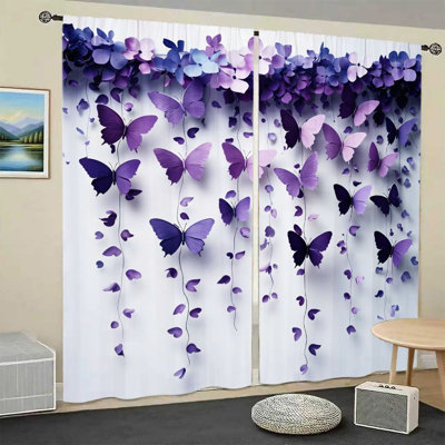 2Pcs Purple Butterfly Curtains, Enchanting Floral Vine Design, Light Filtering for Living Room Bedroom Balcony Kitchen, Rod Pocket Window Drapes