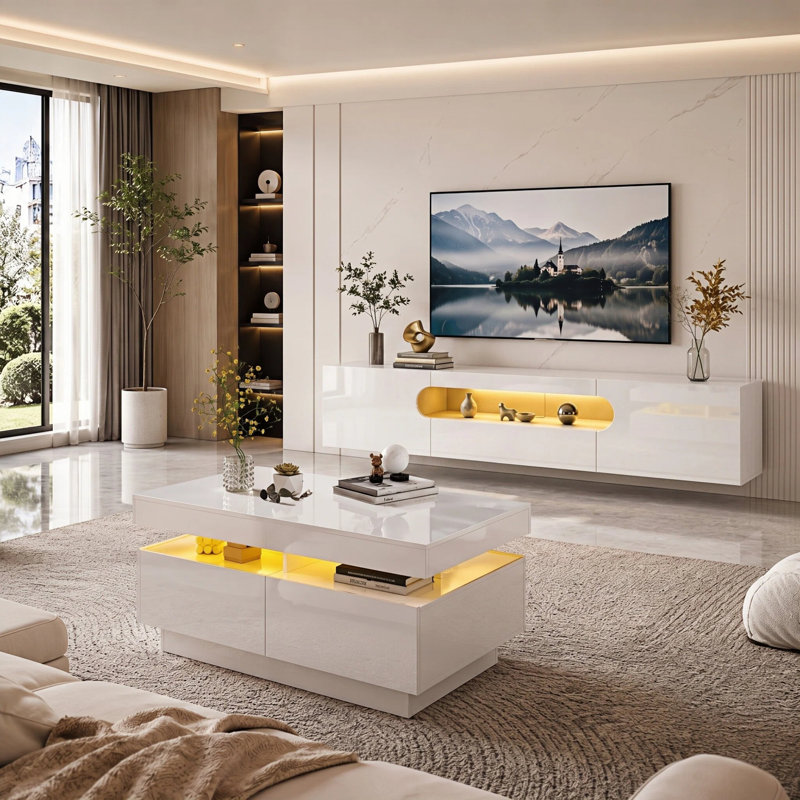 Modern Living Room Set, High-Gloss Floating LED TV Stand & Rectangular Coffee Table Combo, White