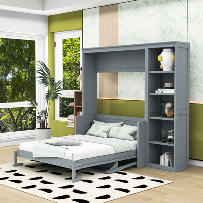Lit escamotable en bois avec bureau et tablettes, conception pliable