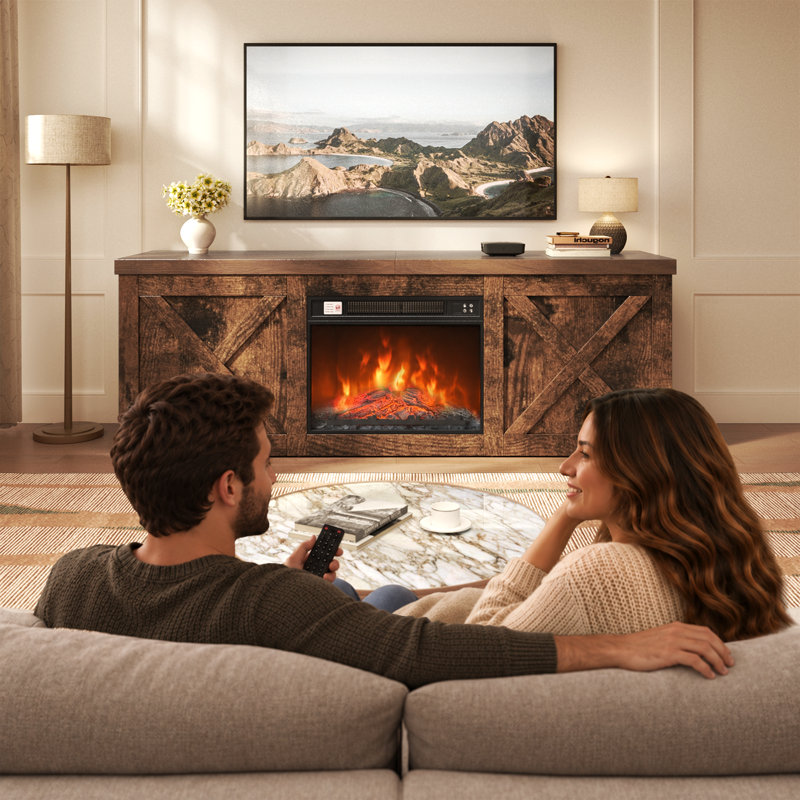 Meuble télé moderne avec foyer électrique inclus, Jusqu'à 65 po (brun)