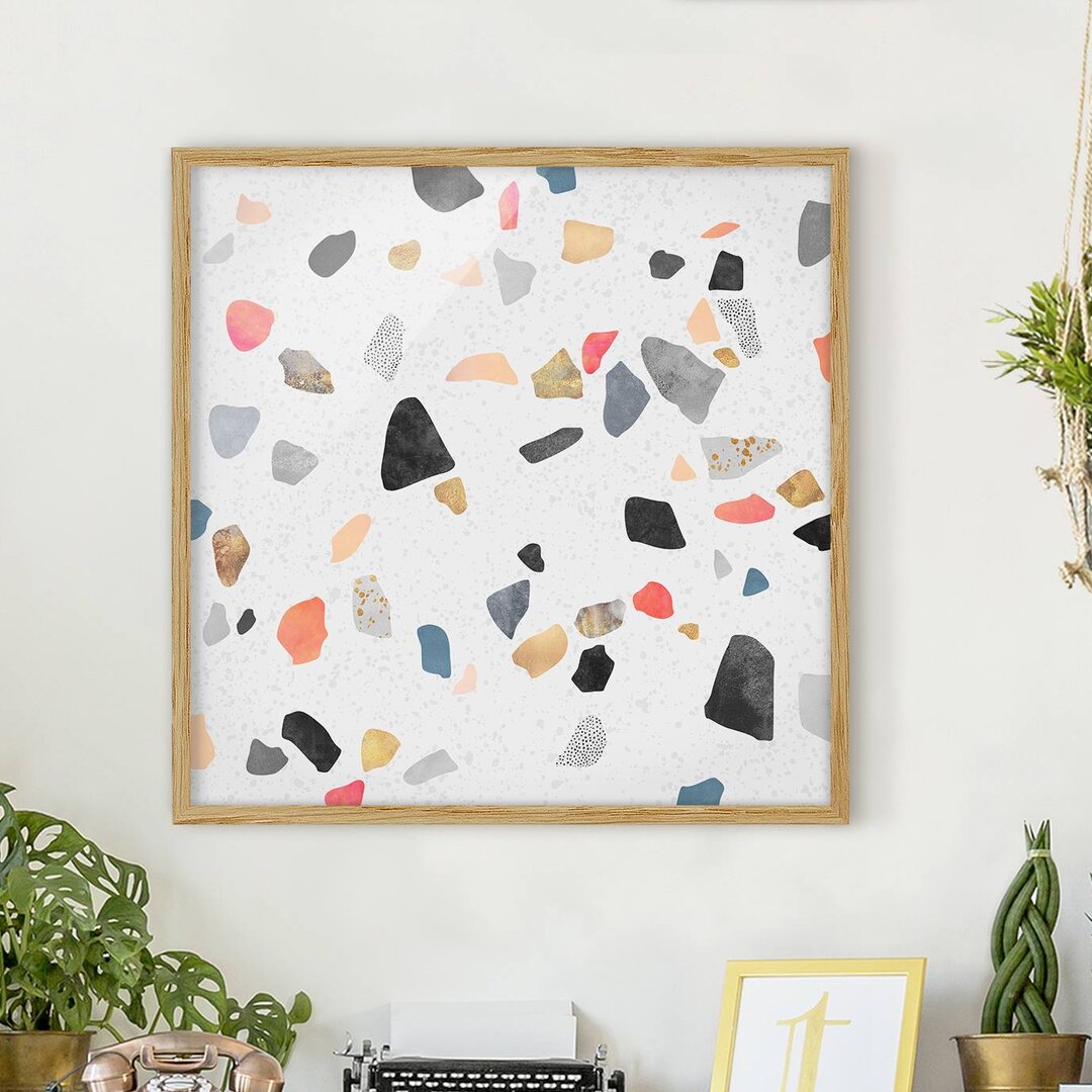 Gerahmter Grafikdruck White Terrazzo with Gold Stones