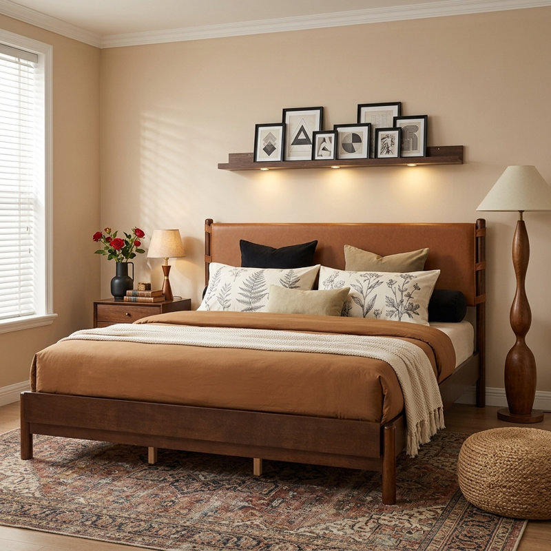 Lit plateforme en bois de style Mid-Century avec tête de lit tapissier en polyuréthane, sans sommier, King, Brown+Walnut
