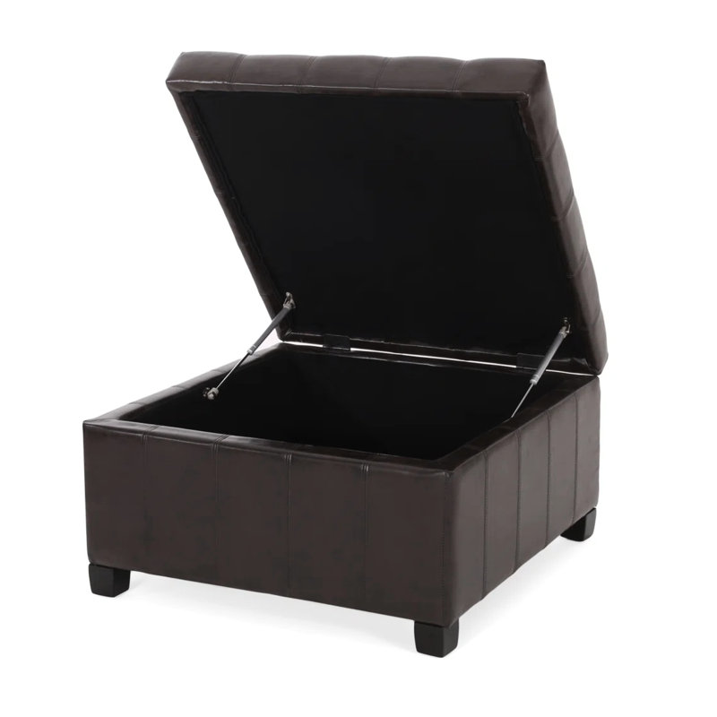 Rangement rembourré en cuir de polyuréthane brun foncé avec surpiqûres gaufrées et allure contemporaine, charnières à fermeture en douceur, idéales pour le rangement à la maison, profondeur de 29,63 po, brun de 17,61 po, bouton à lignes épurées