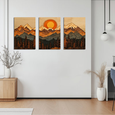 Ensemble de 3 tableaux sur toile représentant un coucher de soleil sur un paysage de montagne