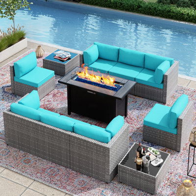  11-Piece Outdoor Furniture Seating Group with Fire Pit Table