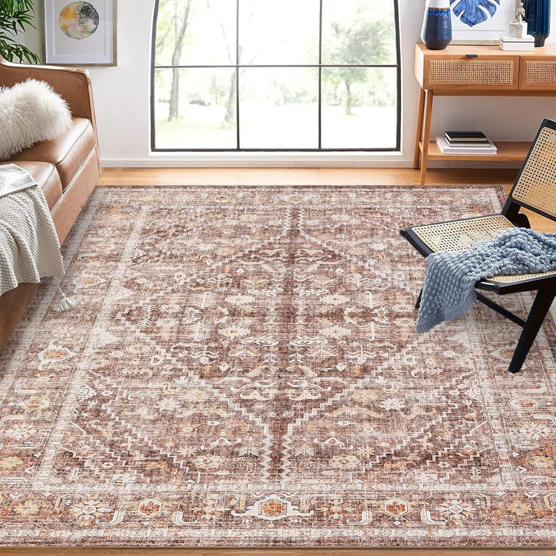 5 x 7 ft Beige Traditional Floral Area Rug Washable Low Pile Soft Non Slip Stain Resistant Vintage Distressed for Living Room Bedroom Dining Room Office
