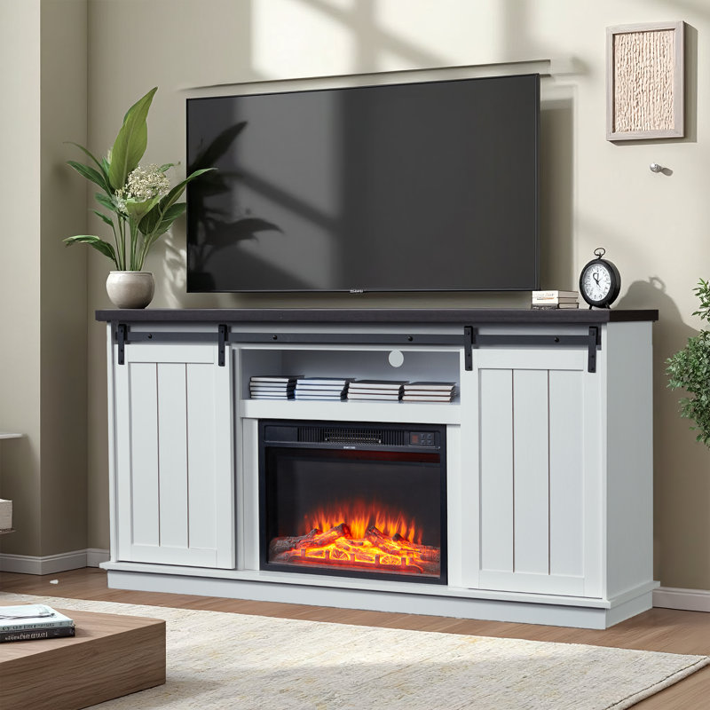 Meuble télé avec foyer de 63 po Gracie Oaks, Blanc / Brun