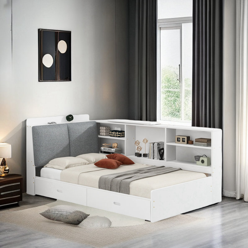 Lordina Bed with Upholstered Storage Headboard, Side Shelves and A Rotating Board, White
