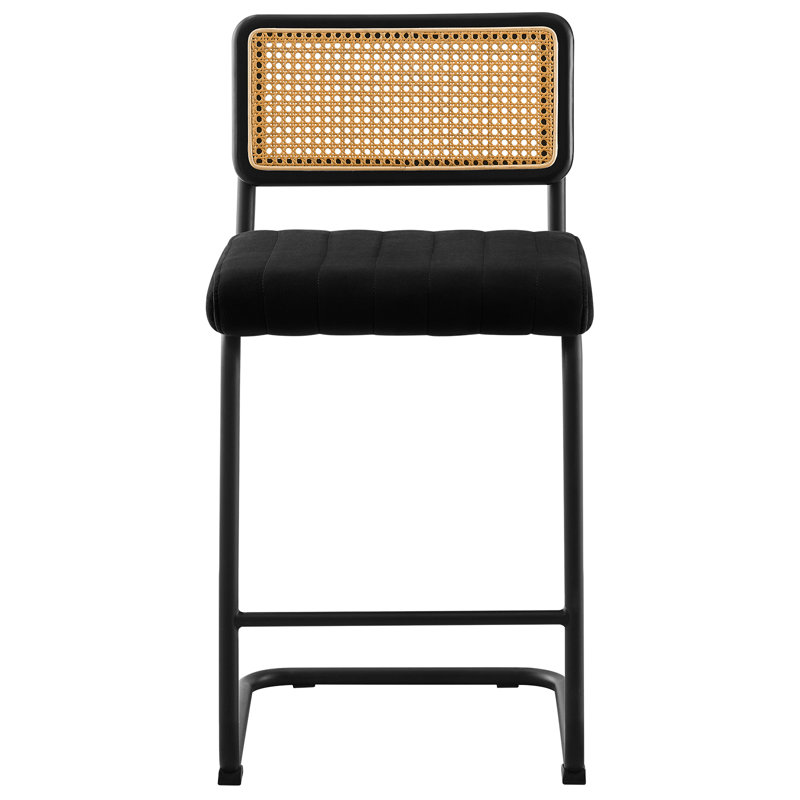 Black Velvet Upholstered Cane Back Counter Stools with Metal Frame, Set of 3